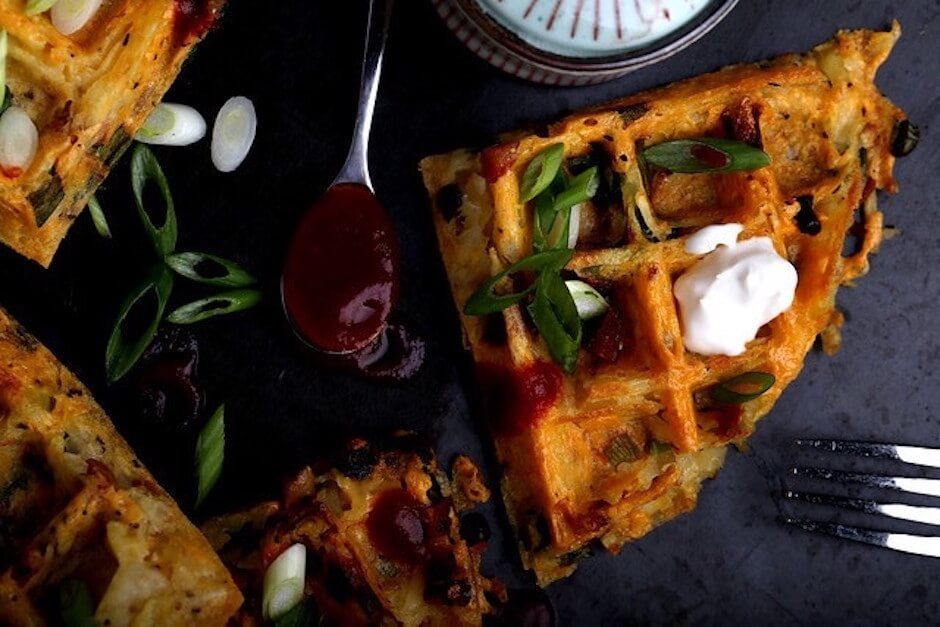 vegan loaded baked potato hash brown waffles